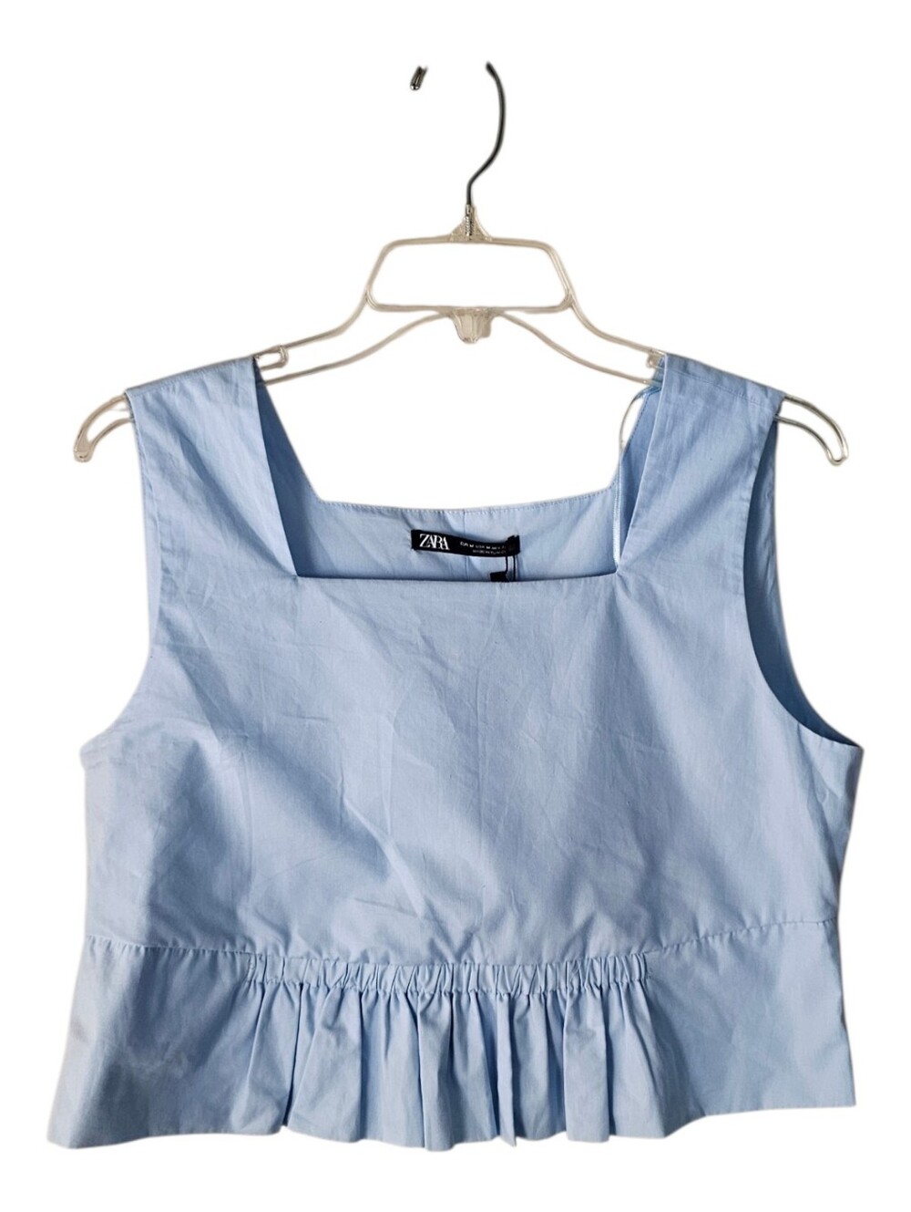 Zara Pale Blue Square Neck Ruffle Hem Crop Top